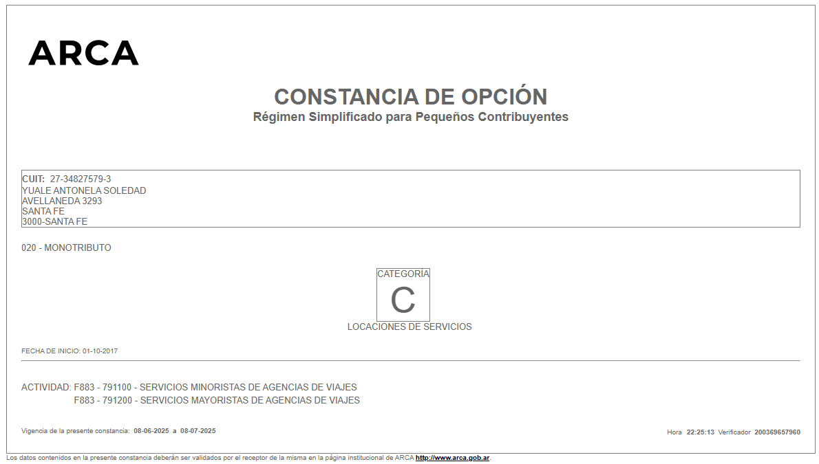 Constancia de Inscripción ARCA